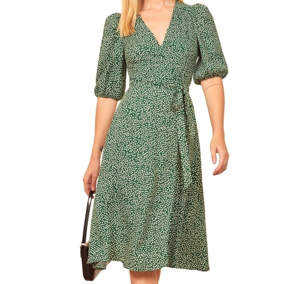 Reformation Christa puff sleeve wrap dress green floral small - Picture 2 of 9